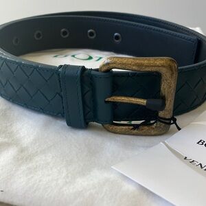BOTTEGA VENETA Intrecciato Weave Teal Leather Belt Brass Tone Buckle Size 85cm